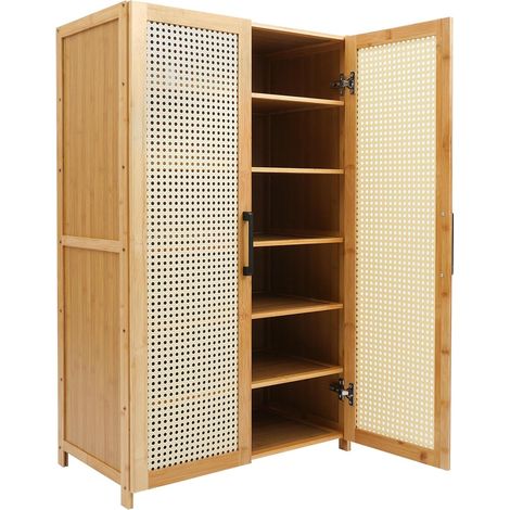 HAUTOUR Meuble Chaussures à 6 Niveaux en Bambou, Armoire à Chaussures Style Naturel, 59 × 33 × 100 cm, 2 Portes Ventilées, Charge 10 kg/Étagère, pour Entrée Couloir Salon Chambre (1/5)