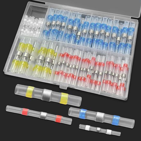 Connecteurs thermorétractables, 100 Pièces joint de soudure connecteur de fil isolés, 26-10 AWG Cosse Thermorétractables, 4 Tailles Thermorétractables Souder Bout à Bout pour Automobiles Moto (1/5)
