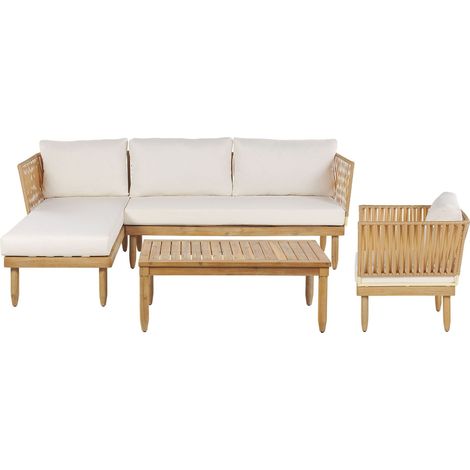 Lounge Set mit Tisch 4-Sitzer CREMONA rechtsseitig Akazienholz Cremeweiß