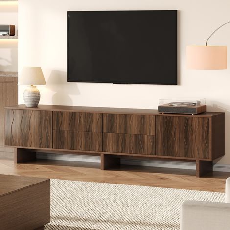 Meuble TV avec 4 tiroirs et 2 portes, Design ondulé, Lowboard pour téléviseur jusqu'à 75 pouces, Noyer foncé, 180x40x56cm (1/5)