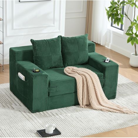 Sofá puff de 151x133x64 cm, 2 cojines, bolsillos laterales, asiento ergonómico, pana esmeralda - verde (1/5)