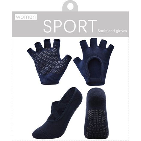 Ensemble de gants et chaussettes de yoga antidérapants - Idéal pour le Pilates, la danse et le fitness - Bleu marine (1/5)