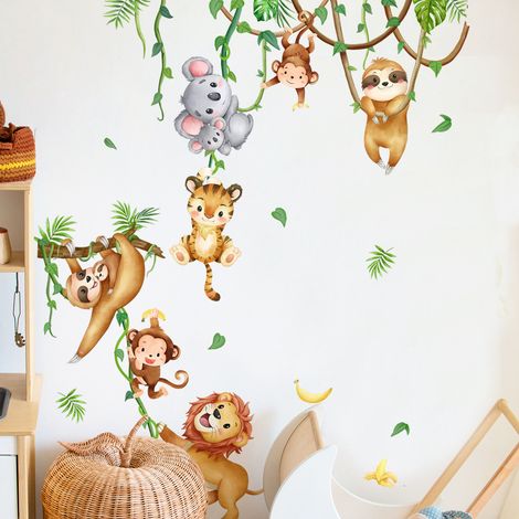 Stickers muraux Animaux de la jungle, motif liane, koala, lion, singe, paresseux, décoration murale pour chambre d'enfant, chambre de bébé, salon (1/3)