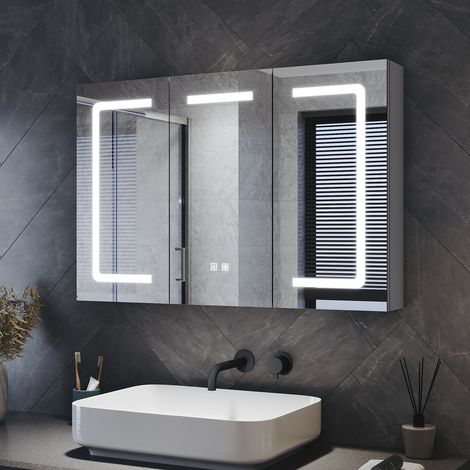 ELEGANT LED Three-Door Bathroom Mirror Cabinet with Shaver Charging Socket, Dimmable LED Lighting, Anti-Fog, Large Size & Capacity, Moroccan Gray, 900x600x125mm