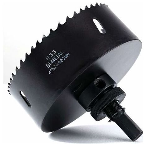 Scie cloche 120 mm, acier rapide HSS M42, foret perforé bi-métal, fraise perforée avec tige hexagonale et foret pour bois, plastique, plaques de plâtre, cloison sèche et tôle métallique (1/5)
