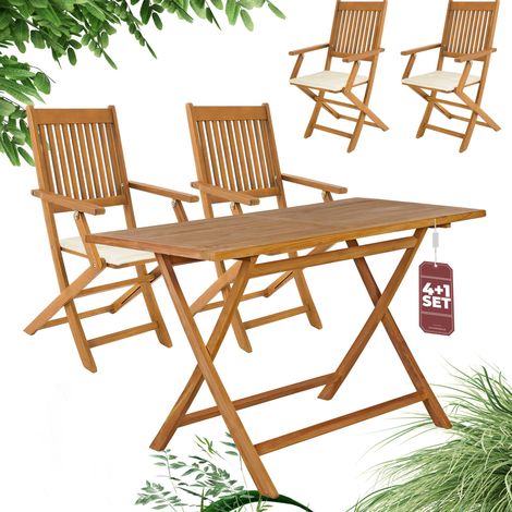 CASARIA® Gartenmöbel Set Holz Klappbar FSC®- / SVLK- zertifiziert inkl. Auflagen Akazie Teak Garten Balkon Terrasse 125x60cm Sitzgruppe Wetterfest Outdoor125 Creme (1/5)