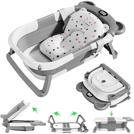 Faltbare Babybadewanne mit Badewannenkissen, ergonomische Badewanne mit eingebautem Thermometer für Neugeborene von 0–36 Monaten (Grau) (1/5)