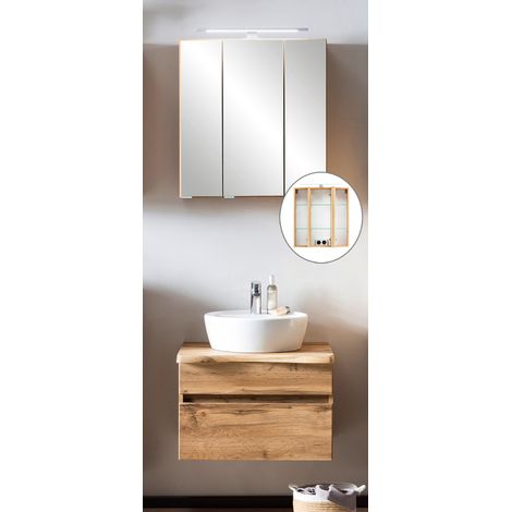 Waschtisch Set VIDAGO-03 in Wotan Eiche Nb. mit Waschtischplatte in Baumkanten Optik und LED Beleuchtung, B/H/T: ca. 61/200/52 cm (1/5)