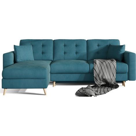 Sofá de esquina convertible HASGARD de 3 plazas azul 248x162 cm – con almacenamiento y patas de madera