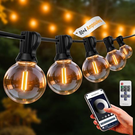 Filiyano – Guirlande lumineuse extérieure 61,5 m – 80+4 ampoules LED G40 2700 K – IP44, incassables, dimmable, App et télécommande – Terrasse (1/5)