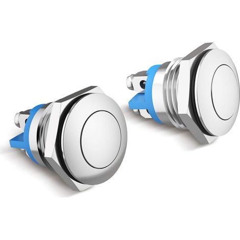 2 Pack 16mm Momentané Bouton Poussoir en Métal Commutateurs de Bouton Poussoir Etanche Acier Inoxydable on/Off Rond Plat Top Interrupteur Argent (1/5)