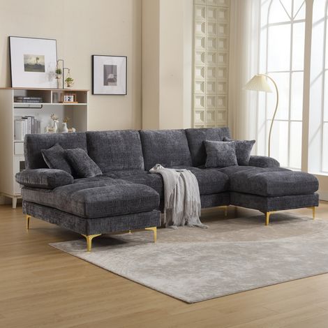 Canapé en U en chenille grise 272 x 136 x 88 cm avec double méridienne (1/5)