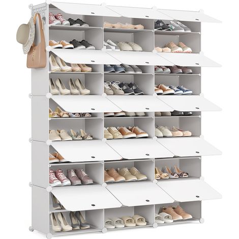 Mondeer – Meuble à chaussures 15 compartiments – Armoire en plastique PP 125x32x156 cm – Rangement modulable avec crochets latéraux – Pour 60 paires