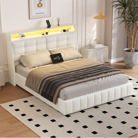 Letto a piattaforma imbottito 215x167x110 cm con luci LED, porta USB, contenitore, testiera regolabile, PU bianco (1/5)
