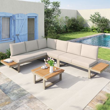 salon de jardin, beige, convertible to 2 reclining beds, corner position, avec réglable tilt function (5 positions, up (1/5)