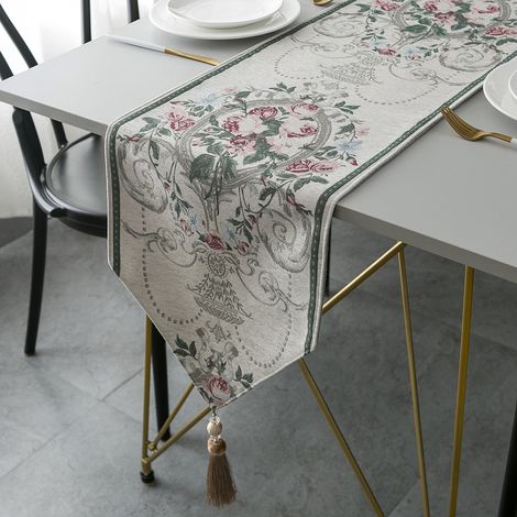 1 Chemin de table en chenille jacquard avec glands, tissu polyester durable pour salon, chambre et meuble TV（Troisième trimestre : septembre） (1/5)