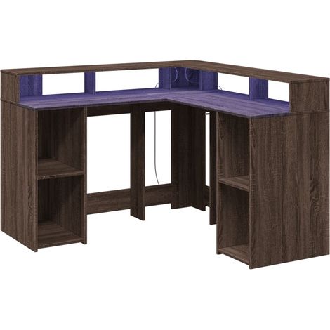 Escritorio mesa puesto de trabajo mueble de ordenador estudio y luces LED madera de ingeniería de roble marrón 020023793 (1/5)