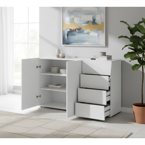 Credenza - 2 Ripiani 4 Cassetti, Bianco Lucido, -, 124x40x81.5h cm Colonia