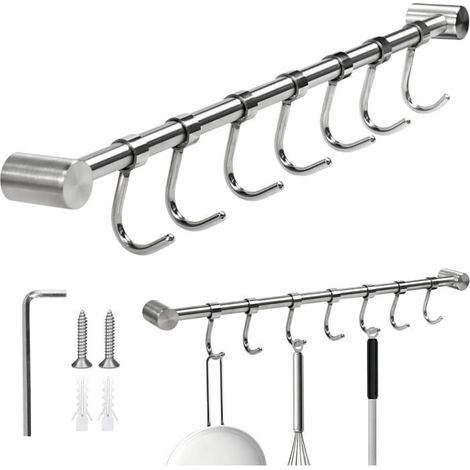 Porte-Ustensiles-Mural-en-Inox-304-avec-7-Crochets-Amovibles-Barre-de-Cuisine-40cm-Support-Multifonction-Robuste-et-Antirouille (1/4)