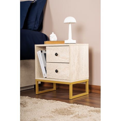 Table de chevet moderne en mélaminé travertin et or – Dimensions 45x50x30 cm – Pieds en métal pour stabilité – Élégance et durabilité (1/5)