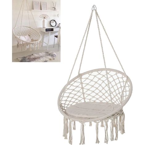 Chaise-hamac, Hamac en cordes de coton, Balancelle style bohème, Chaise suspendue de jardin, Chaise à bascule, Idéale pour terrasses et cours intérieures, Beige