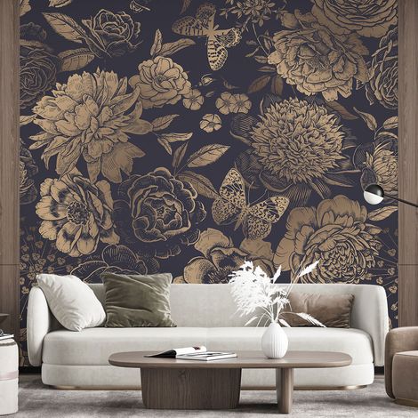 Papier peint panoramique - Fleurs Papillons - 130 cm x 130 cm (1/4)