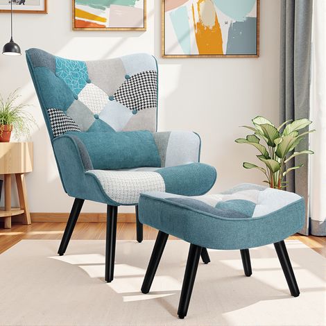 Fauteuil Scandinave Patchwork en Bleu - Fauteuil Relax avec Repose-pieds (1/2)