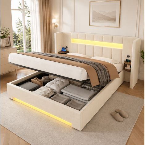 REDOM - Cama con almacenaje 180x200 con USB, compartimentos, LED y sistema hidráulico, terciopelo beige (1/5)