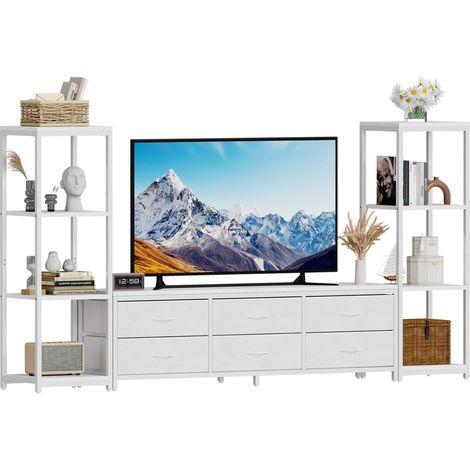 GARVEE - Meuble TV 75 Pouces Industriel avec 2 Bibliothèques 4 Niveaux, Commode à 6 Tiroirs Tissu pour Salon, 226 x 35 x 120 cm( Blanc) (1/5)