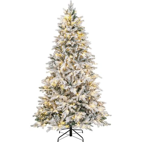 COSTWAY 210 cm Arbre de Noël artificiel avec éclairage et neige, arbre de Noël avec 300 lumières LED blanches chaudes, arbre de Noël avec support en métal, arbre artificiel Noël pour la maison, blanc (1/5)