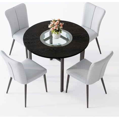 Ensemble table ronde avec 4 chaises, table à manger ronde 100 cm effet bois noir, sièges gris clair en PU et pieds métal (1/5)
