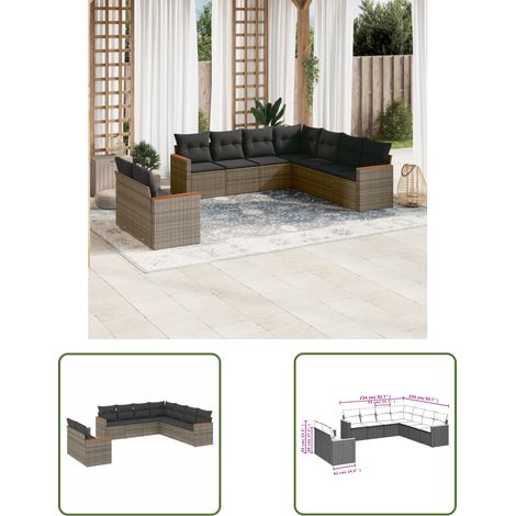 The Living Store 9-tlg. Garten-Sofagarnitur mit Kissen Grau Poly Rattan - Gartenmöbel - Rattan Möbel - Outdoor Sofa - Lounge Set - Esszimmergarnitur (1/3)
