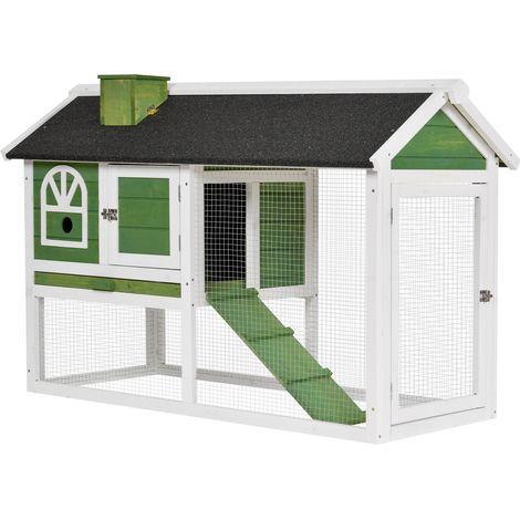Wooden Rabbit Hutch Run with Sliding Tray, Ramp, Water-resistant Roof, for 2-4 Rabbits, Green (1/5)