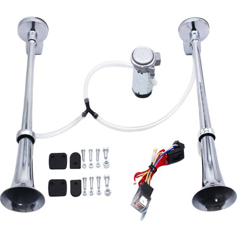 Klaxon pneumatique 12V avec compresseur – Son puissant avec deux trompettes chromées – Installation facile pour camions, tracteurs, motos, bateaux
