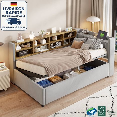 Cama canapé 90x200 cm - Cama de 90x200 cm - Sofá cama - Incluye luz de noche - Puertos de carga USB y Tipo C - Estantes y compartimentos de almacenaje - Cabecero acolchado - Terciopelo - gris claro (1/5)