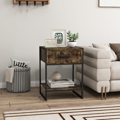 Versatile Bedside Table with Drawer and Open Shelf-Rustic Brown & Black,Sturdy Steel Frame,Easy Assembly,Ideal for Home Storage