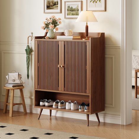 Meuble à chaussures 80x35x105 cm avec portes rainurées, niche ouverte, étagère fixe, noyer, MDF et pin (1/5)