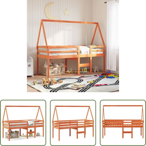 Lit enfant -  Lit haut sans matelas cire marron 90x200 cm bois de pin massif (1/5)