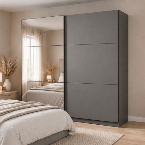 Armario grande Soncino, ropero de dormitorio con perchero, 8 estantes, puertas correderas, 217x210h cm negro antracita (1/5)