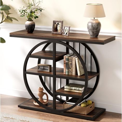 Tribesigns Console Table, 100 cm Industrial 5-Tier Sofa Table Entryway Furniture with Circle Base, Narrow Wood Accent Tables with Storage Shelves for Living Room, Hallway, Foyer (Rustic Brown) (1/5)