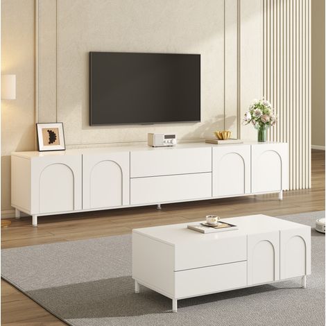 Conjunto de mueble para TV de 180x40x48 cm y mesa de centro de 100x50x39,5 cm, con almacenamiento cerrado, fabricado en MDF y panel blanco (1/5)