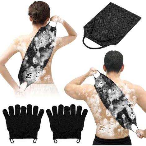 Gant de douche exfoliant + set de 5 gants et serviette exfoliants, lot de 4 gants exfoliants et 1 gant de gommage pour le bain et l'élimination des peaux mortes (1/5)