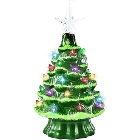 Sapin de Noël en céramique de 20 cm, pré-illuminé et peint à la main, décoration de table rétro avec 32 lumières multicolores et une étoile. (1/4)
