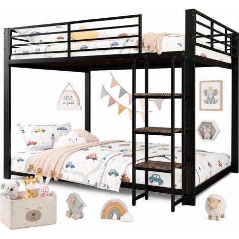 CHICFURN Litera infantil 140x200 cm de metal negro con escalera de MDF, sin colchón (1/5)