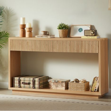 Consola de entrada de 150 cm con 2 cajones grandes y nicho abierto, roble claro, OKMYHOME (1/5)