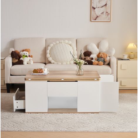 Multifunktionaler höhenverstellbarer Couchtisch 100 x 51 x 47 cm, weiß mit Holzoptik HAVRYA (1/5)