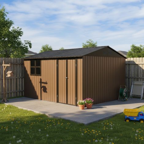 Abri de jardin en métal 10m² toit double pente 362x285cm, cabanon de rangement extérieur avec porte battante, fenêtre et serrure, Marron/Noir