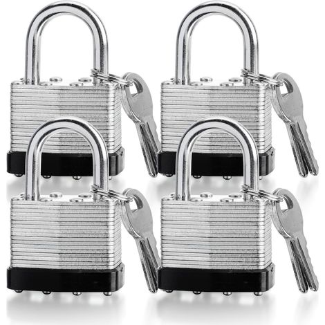 Lot de 4 cadenas de sécurité robustes avec 2 clés identiques 40 mm Serrure en métal haute sécurité comprenant deux clés identiques pour une protection fiable pour l'extérieur et l'intérieur (1/5)