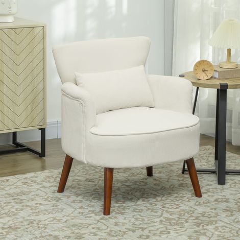 Poltrona moderna, poltrona imbottita con cuscino lombare, gambe in legno di caucciù, bianco crema