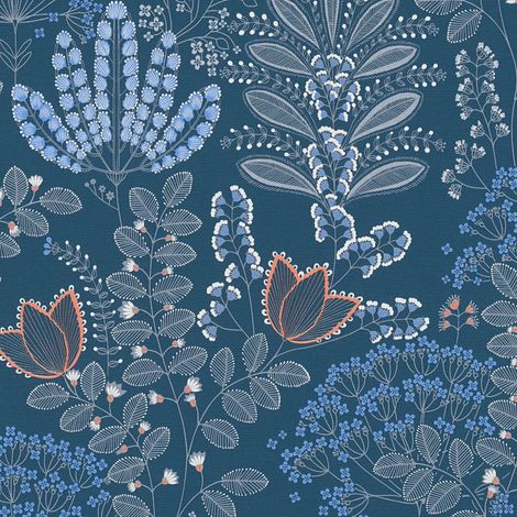 Blumen Tapete Profhome 393494 heißgeprägte Vliestapete leicht strukturiert mit floralen Ornamenten matt blau weiß grau orange-rot 5,33 m2